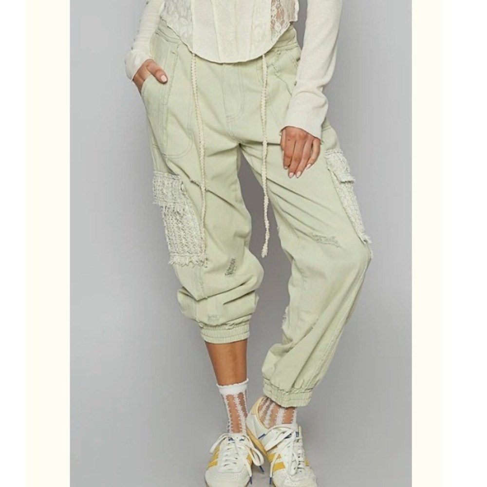 POL Pistachio Green Crochet Cargo Jogger Pants Boho Large